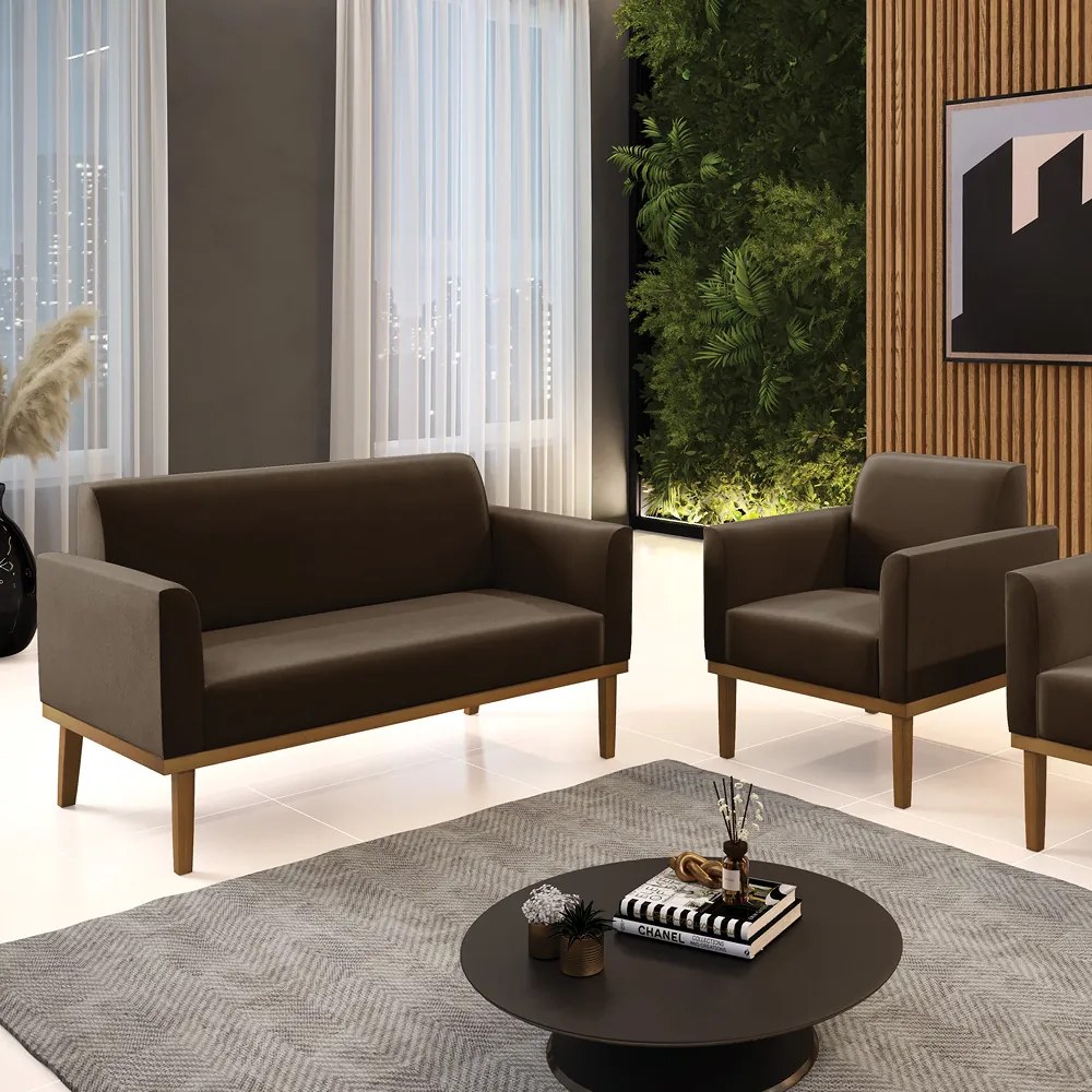 Sofá Namoradeira com Poltrona Base de Madeira Fixa Castanho Marisa Suede D03 - DRossi - Marrom