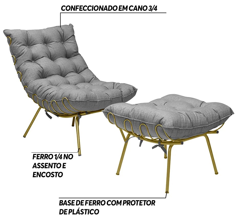 Conjunto Decorativo Poltrona e Puff Abel Base de Ferro Dourada Linho Cinza G41 - Gran Belo