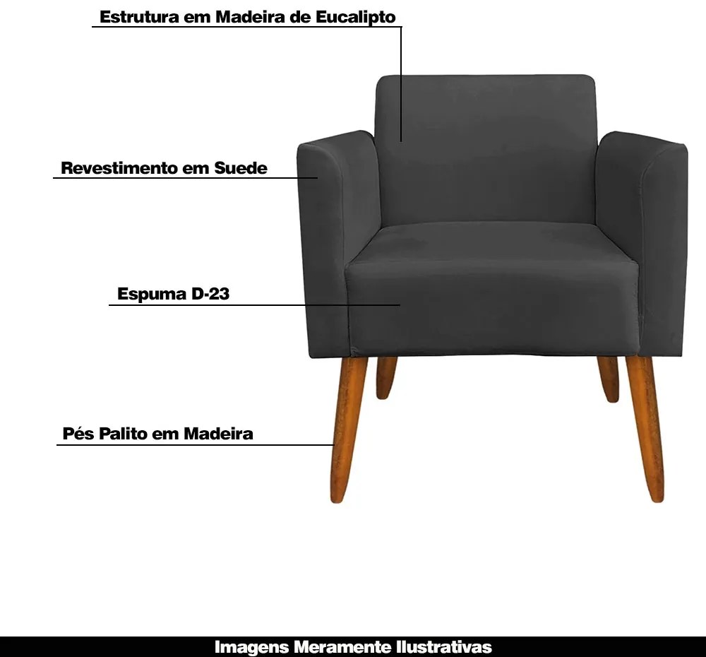 Kit 02 Poltronas Decorativas Isabella Pés Palito Madeira Suede Preto G19 - Gran Belo