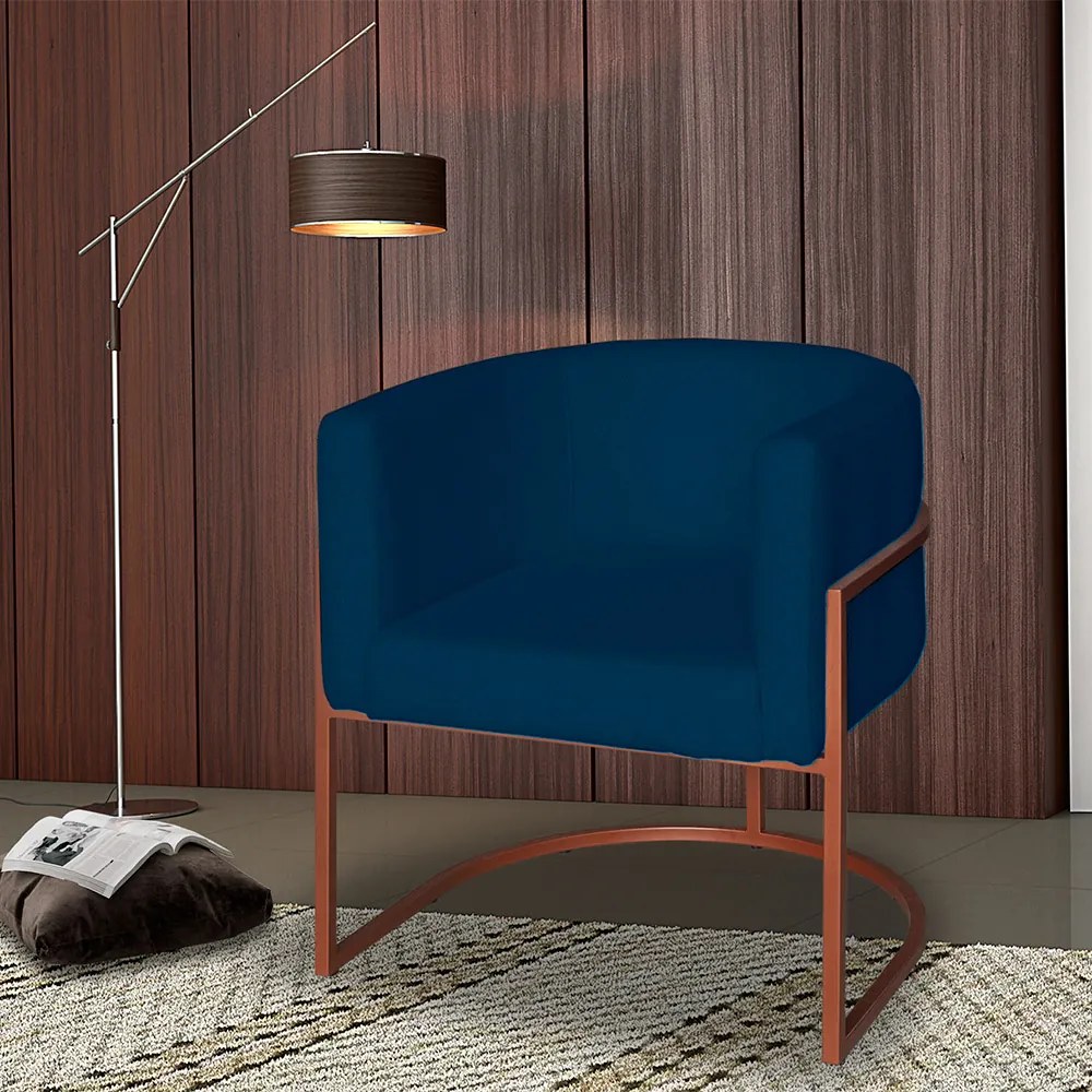 Poltrona Base Industrial Bronze Sala de Estar Lety Veludo - Azul Marinho
