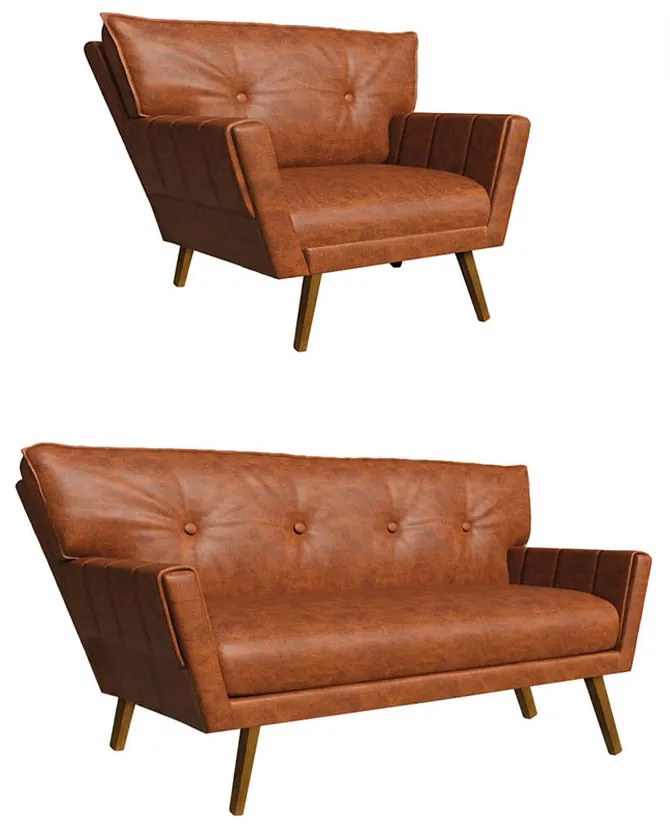 Sofá Namoradeira e Poltrona Pé de Madeira Anitta Sintético PU Nozes D03 - D'Rossi