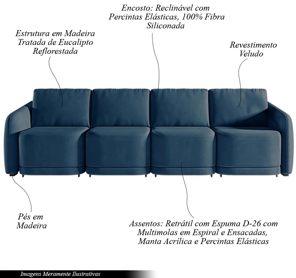 Sofá Cama Modulado Retrátil e Reclinável Decorativo Varsóvia 396cm Veludo Azul Marinho G33 - Gran Belo