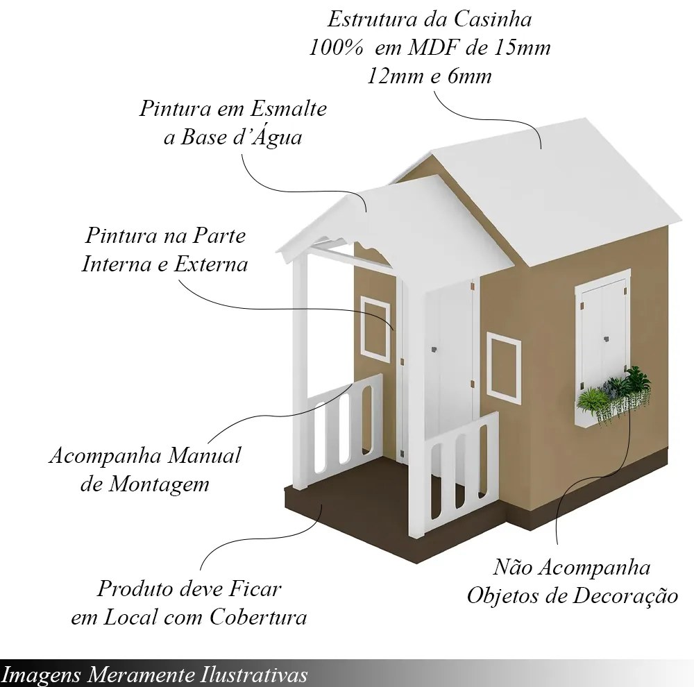 Casinha de Brinquedo MDF com Varanda Artesanal Branco/Bege L12 - Gran Belo