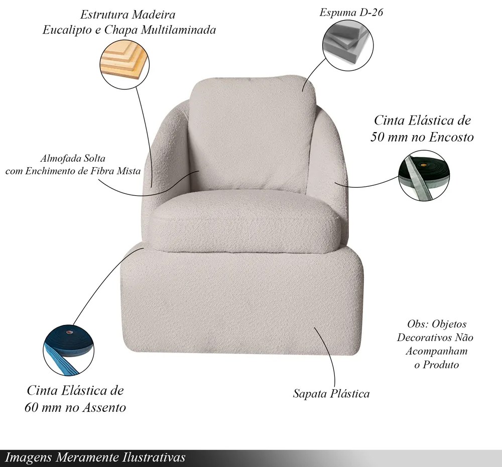 Poltrona Design Sala de Estar Califa Encosto Almofadado Bouclê Branco G92 - Gran Belo