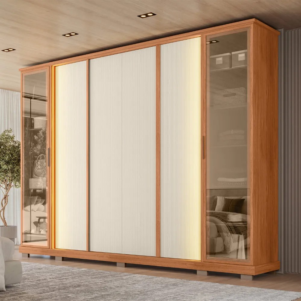 Guarda Roupa Estância Casal Ripado com 6 Portas e 4 Gavetas MDF Freijo/OffWhite G11- Gran Belo