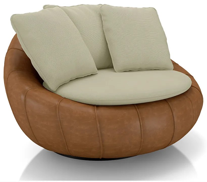 Poltrona Sala de Estar Afrodite com Almofadas Giratória Bege Caramelo Manchado Linho/PU G45 - Gran Belo
