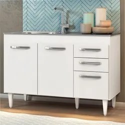 Balcão Gabinete Suécia com Pia Inox 120cm 3 Portas Branco - Lumil Móve