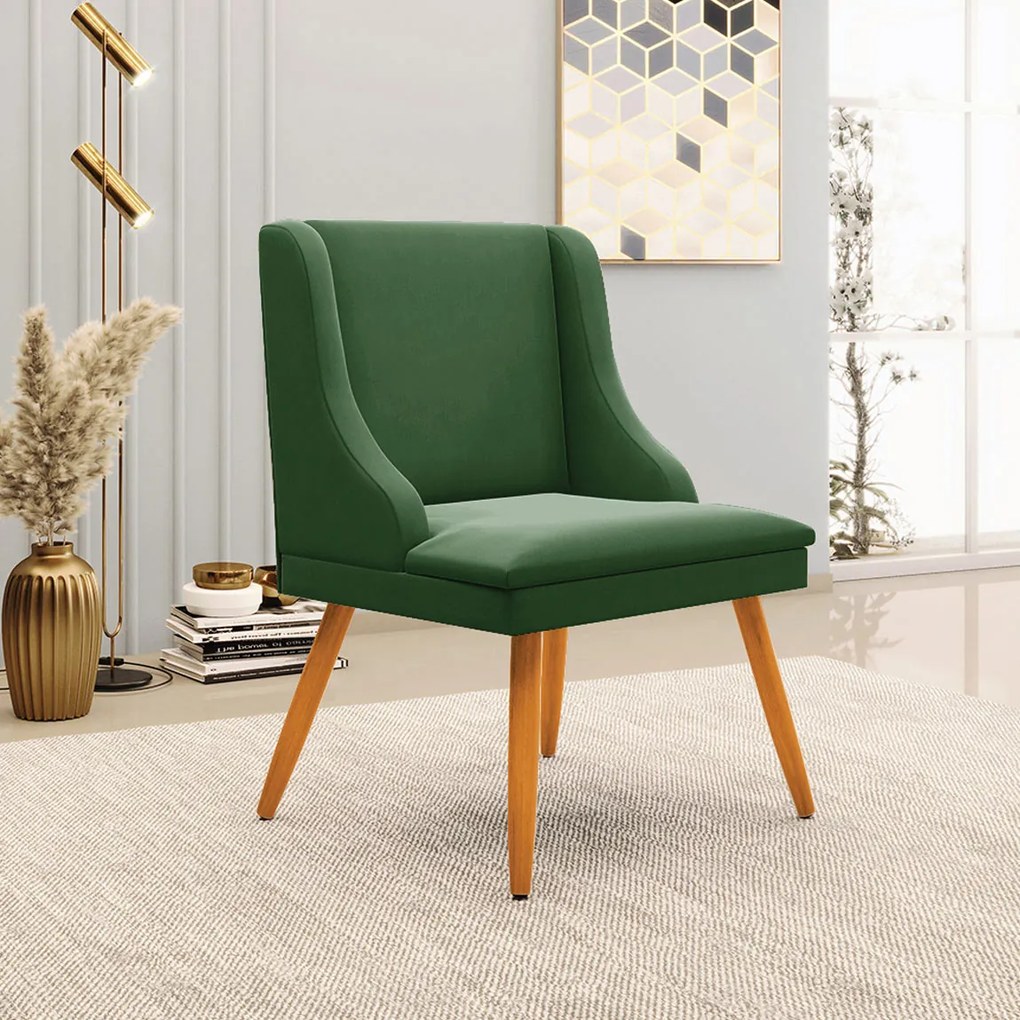 Kit 2 Poltronas Decorativas Pés Palito de Madeira Firenze Suede Verde Esmeralda/Natural G19 - Gran Belo