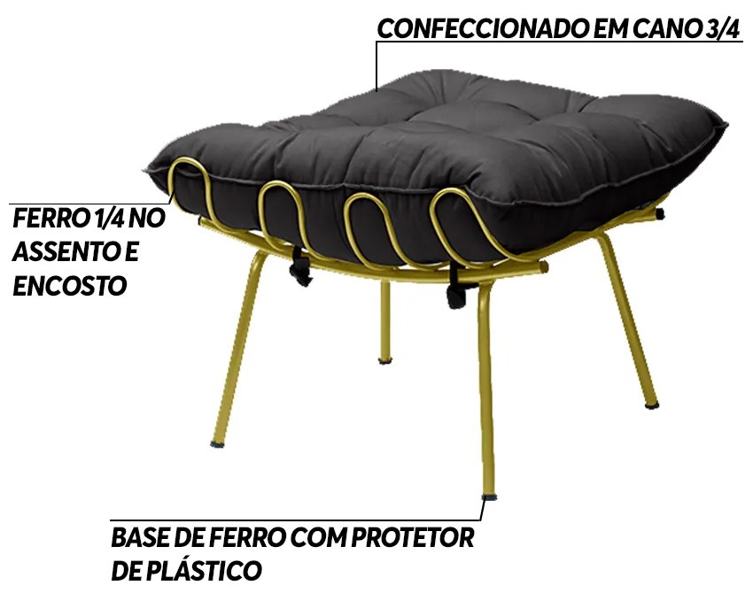 Kit 2 Puff Decorativo Sala de Estar Abel Pés Dourado Veludo Preto G41 - Gran Belo