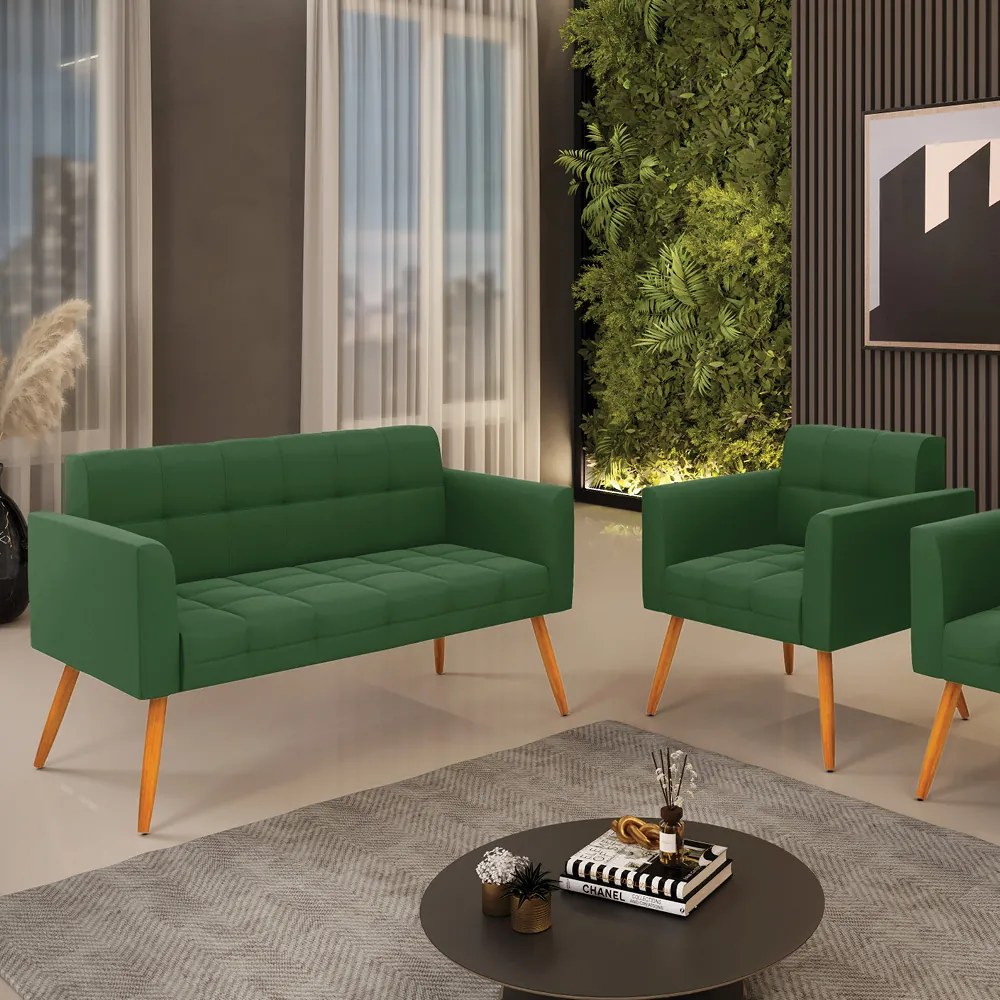 Kit 1 Sofá Namoradeira e 1 Poltrona Elisa Suede Verde Pés Palito Castanho - D'Rossi