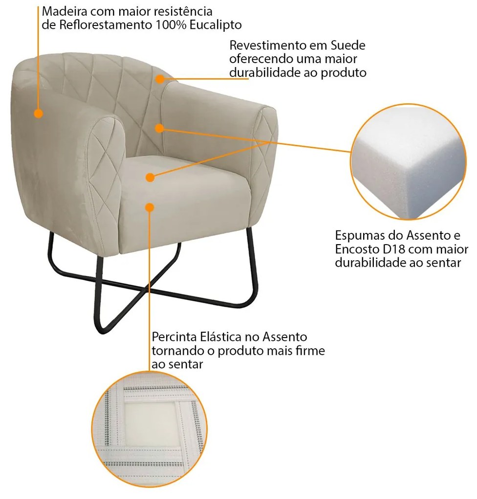 Poltrona Grazi  Base X Preta Suede - ADJ Decor