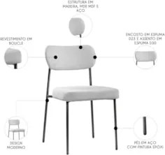 Cadeira Jantar Estofada Pé Metal Preto Kit 2 Lavy Boucle Cinza S08 - M