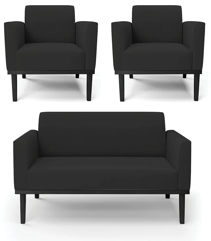 Conjunto 2 Poltronas e 1 Namoradeira Decorativa Isabella Pés Fixo em Madeira Preto Veludo Preto G19 - Gran Belo