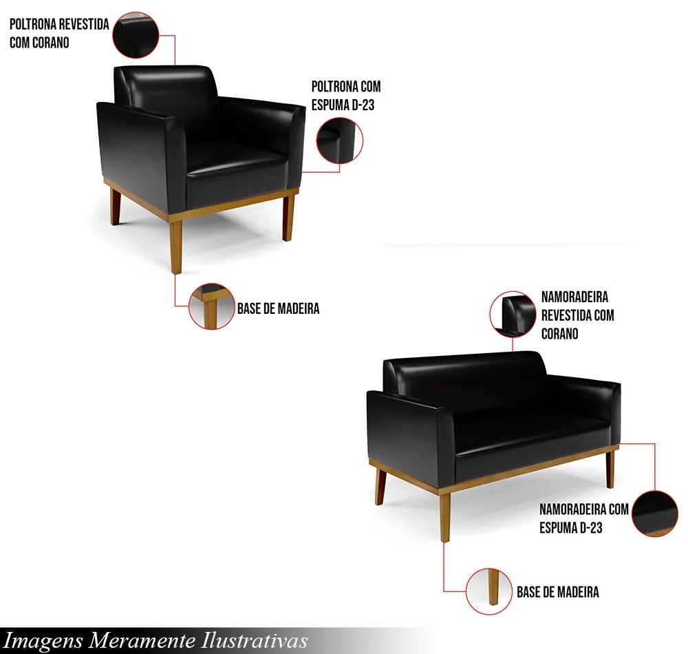 Conjunto 2 Poltronas e 1 Namoradeira Decorativa Isabella Pés Fixo em Madeira Castanho PU Preto Brilho G19 - Gran Belo