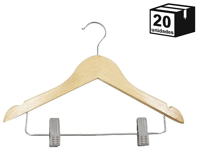 Kit 20 Cabides De Madeira Marfim com presilha infantil