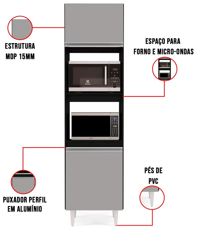 Paneleiro Torre Quente para Cozinha 02 Portas Ruth 56 cm L06 - D'Rossi - Preto e Cinza
