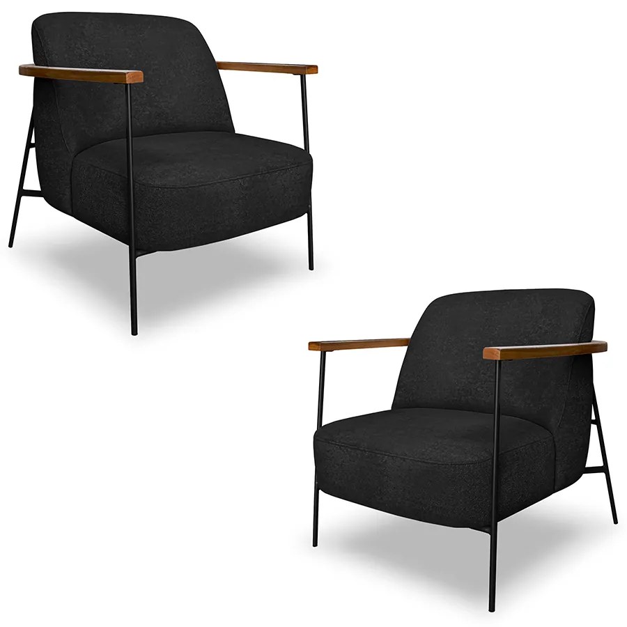 Kit 2 Poltronas Sala de Estar Pés em Ferro Preto Braço Madeira Maciça 86cm Thane Bouclê Preto G63 - Gran Belo