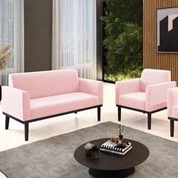 Sofá Namoradeira e 1 Poltrona Base Madeira Preto Maressa Suede Rosa Be