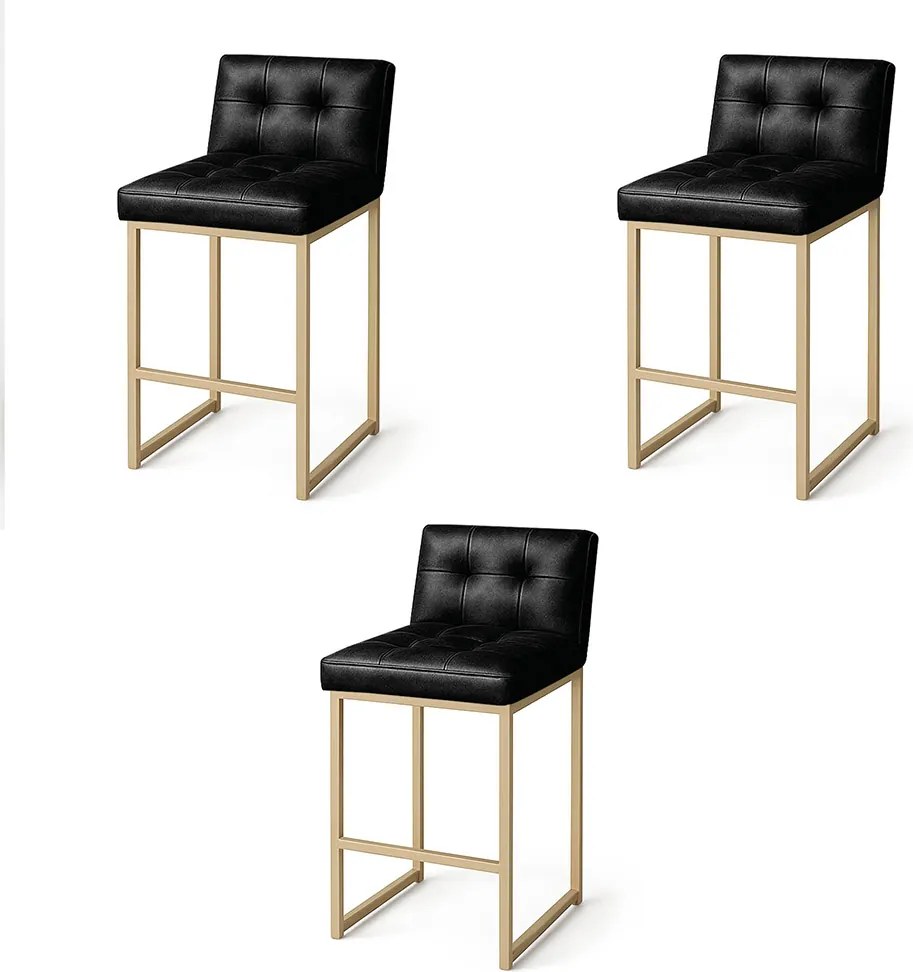 Banqueta Cozinha Alta com Encosto Industrial Kit 3 Champanhe Lirina PU Preto C05 - D'Rossi