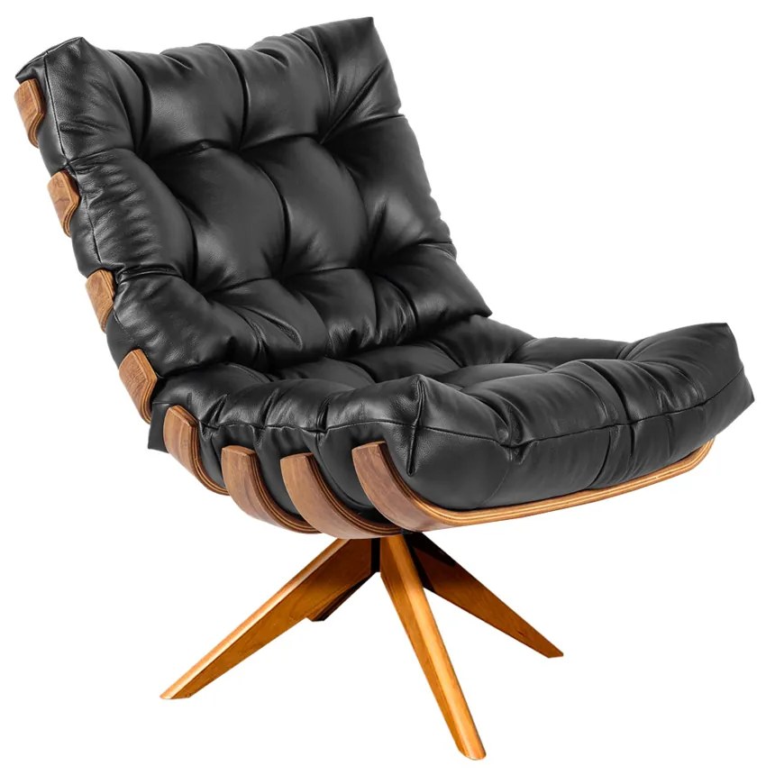 Poltrona com Puff Giratório Costela Couro Preto Base de Madeira MA30 M11 - D'Rossi