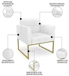 Sofá Namoradeira e 2 Poltronas Base Industrial Dourado Ana Sintético P