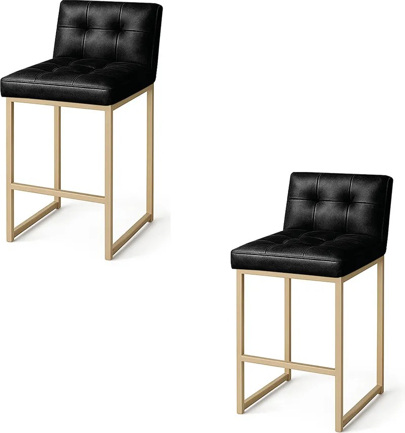 Banqueta Cozinha Alta com Encosto Industrial Kit 2 Champanhe Lirina PU Preto C05 - D'Rossi