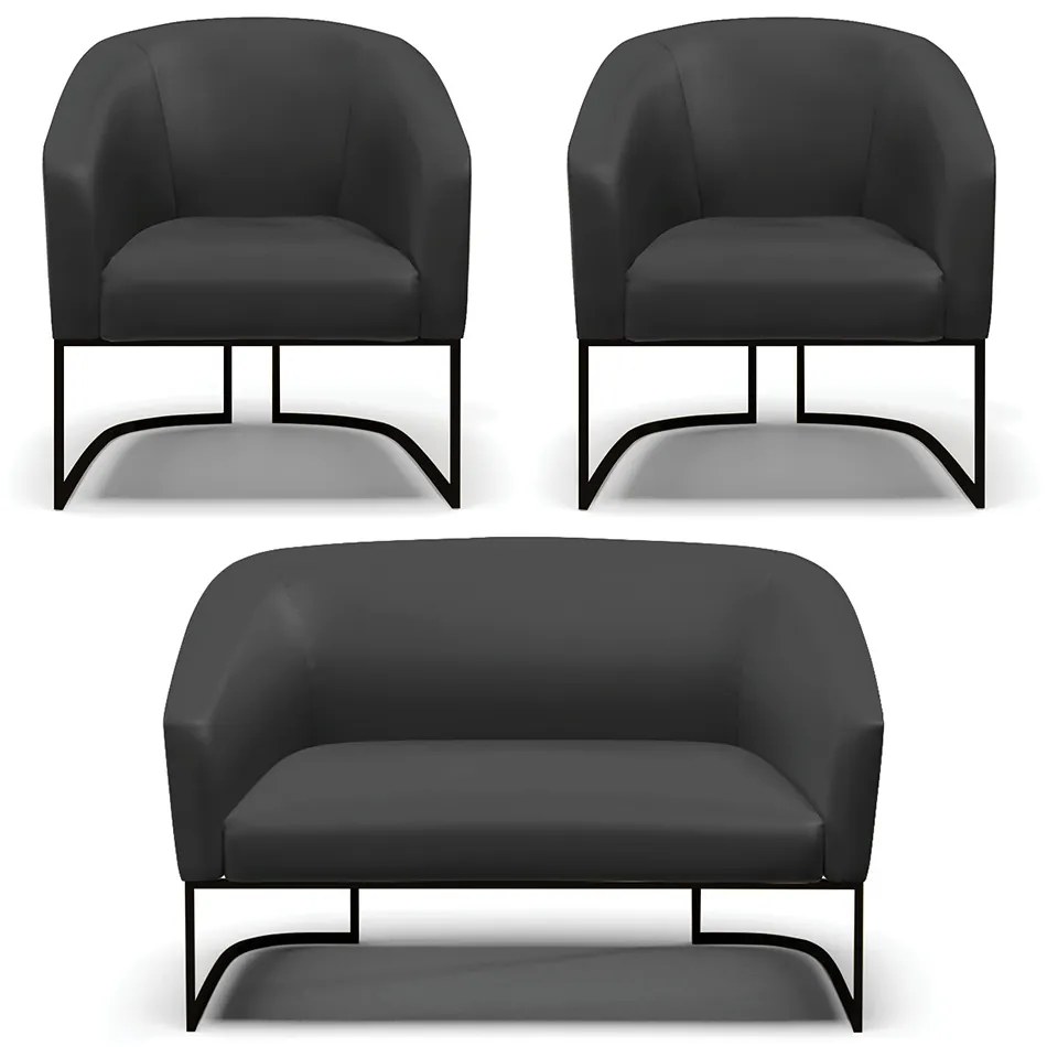Namoradeira e 2 Poltronas Industrial Preto Stella Sintético D03 - D'Rossi - Preto
