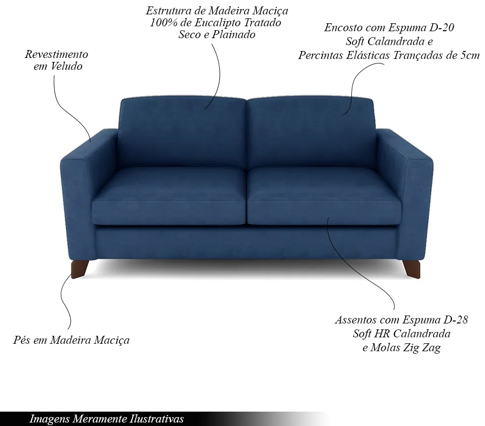 Sofá Sala de Estar Living 3 Lugares 200cm Presley Pés Madeira Veludo Azul Marinho G52 - Gran Belo