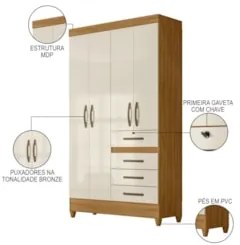 Guarda Roupa Solteiro 4 Portas 4 Gavetas 110cm Cabral Z17 Freijó/Off W