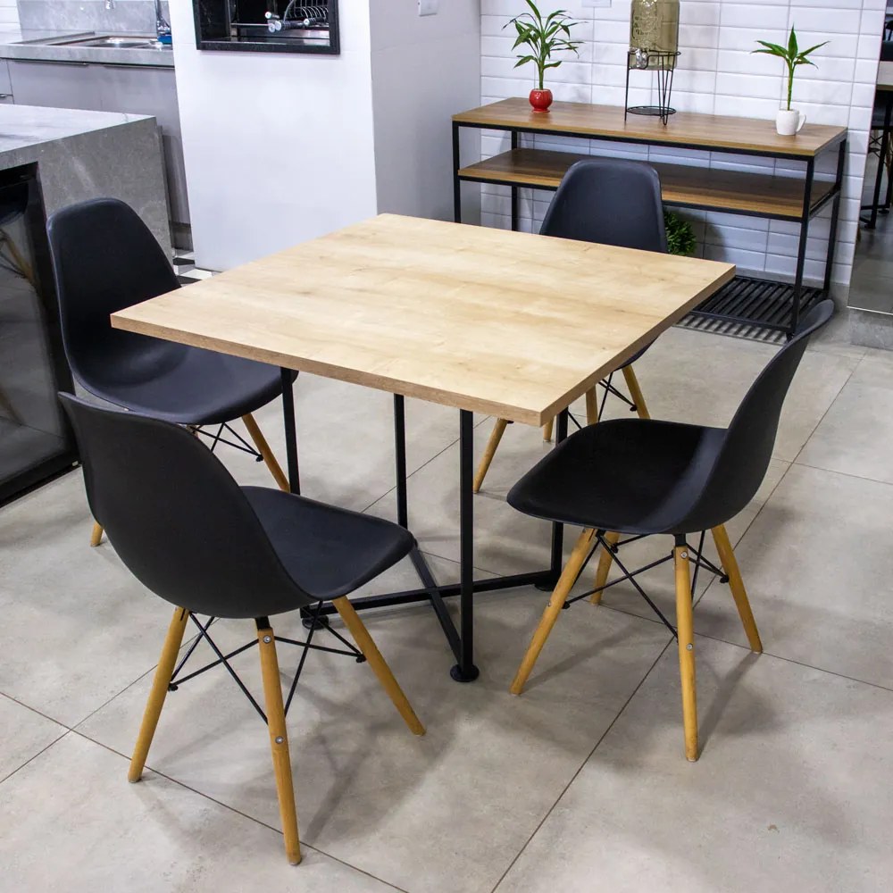 Kit 04 Cadeiras Eiffel Preto e 01 Mesa de Jantar 04 Lugares Jade 90 cm Natural Base Metálica Industrial Preto - D'Rossi