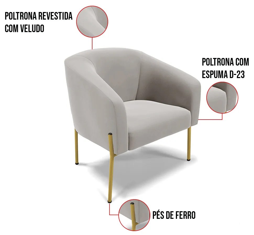 Cadeira Sala de Jantar Pé de Ferro Dourado kit 2 Stella Veludo D03 - D'Rossi - Cinza