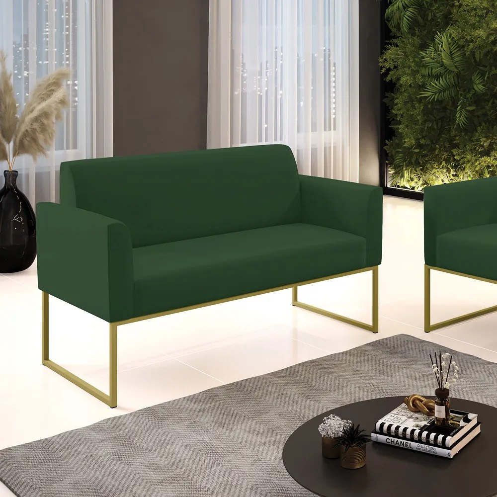Sofá Namoradeira Base Industrial Dourado Marisa Veludo D03 - D'Rossi - Verde