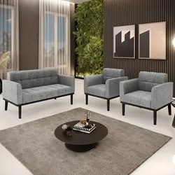 Sofá Namoradeira e 2 Poltronas Base Madeira Preto Ana Linho Grafite -