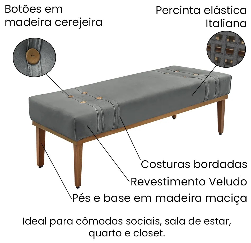 Divã Recamier Retrô Base Madeira para Quarto Gênova 140cm Veludo Cinza S04 - D'Rossi