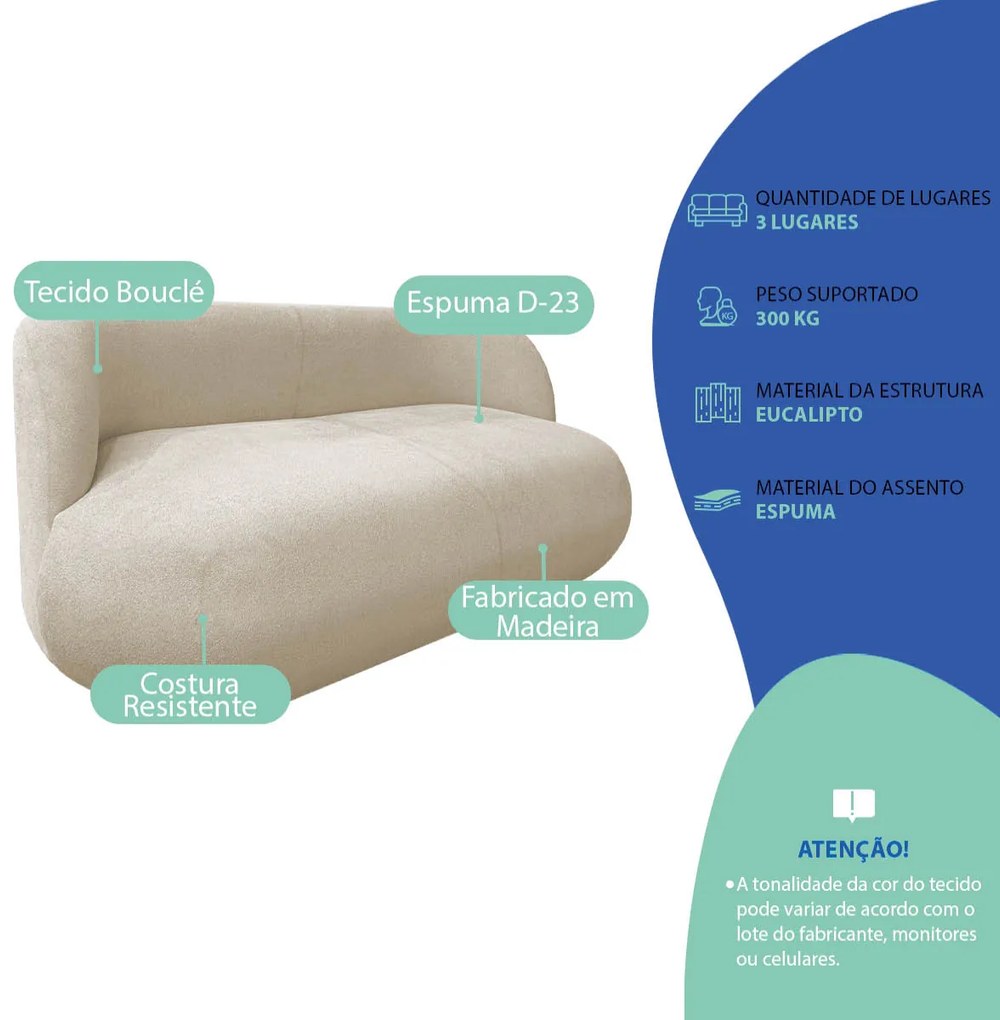 Sofá Nimbus 200cm Orgânico Luxo Sala Recepção 3 Lugares Bouclé