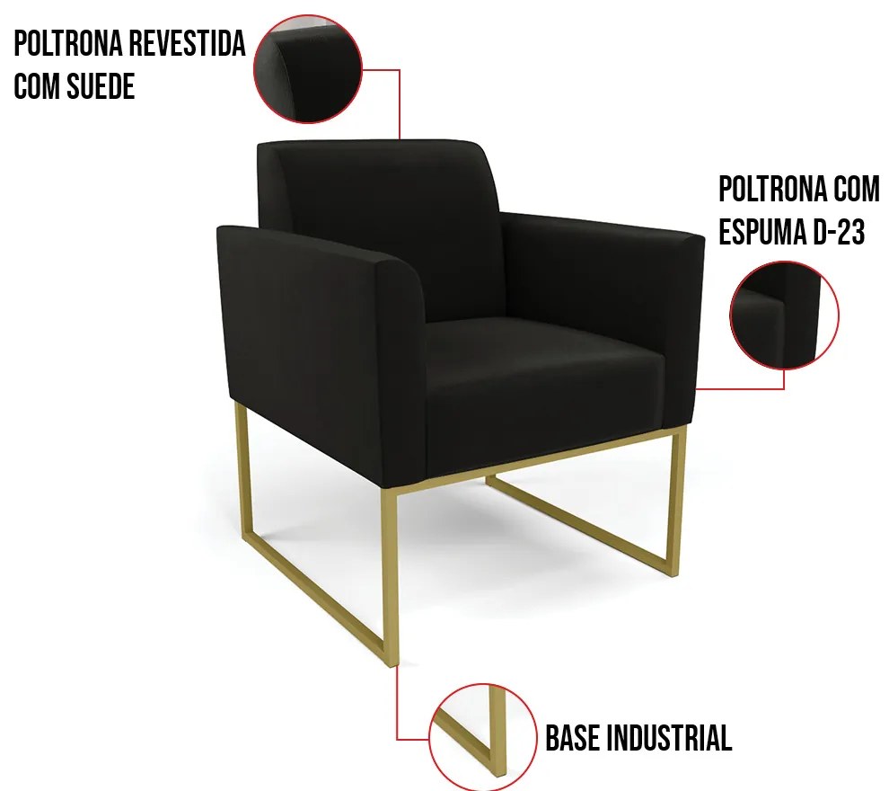 Kit 2 Poltronas Base Industrial Dourado Marisa Suede - Preto