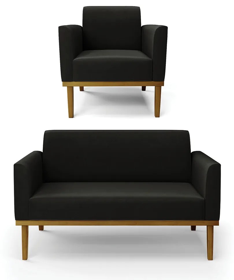 Conjunto Poltrona e Namoradeira Decorativa Isabella Pés Fixo em Madeira Castanho Suede Preto G19 - Gran Belo