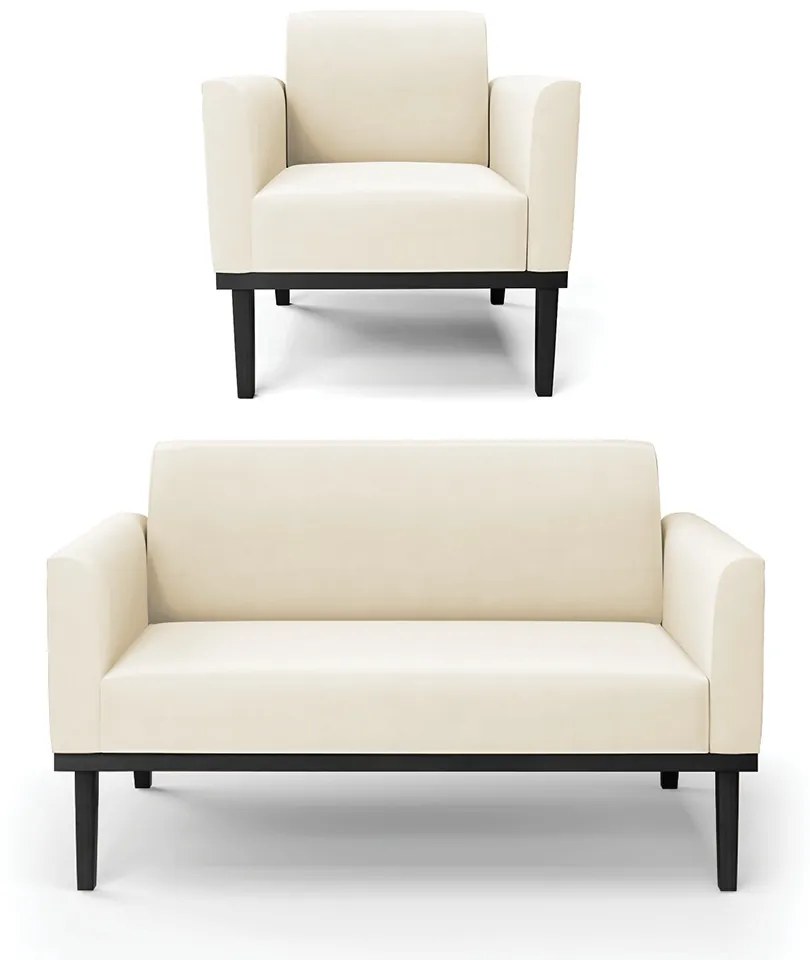 Conjunto Poltrona e Namoradeira Decorativa Isabella Pés Fixo em Madeira Preto Veludo Bege G19 - Gran Belo