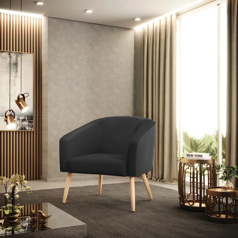 Poltrona Decorativa Pé Palito Natural Stella Sintético Preto D03 - D'Rossi