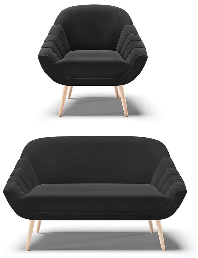 Kit 01 Namoradeira 02 Lugares e 01 Poltrona Giovana Suede Preto Pés Palito Natural - D'Rossi