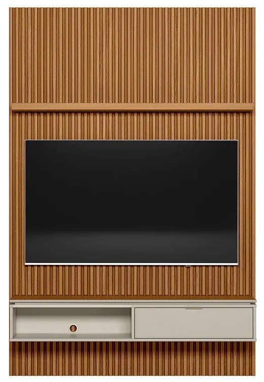 Painel para TV até 60 Polegadas Ripado Marisa com Nicho Bancada e Tampo Sobreposto Chanfrado Nature e Off White 141x250 cm L04 - D'Rossi