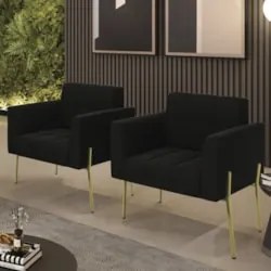 Poltrona Para Sala Pé Metal Dourado Kit 2 Ana Suede Preto - Ibiza