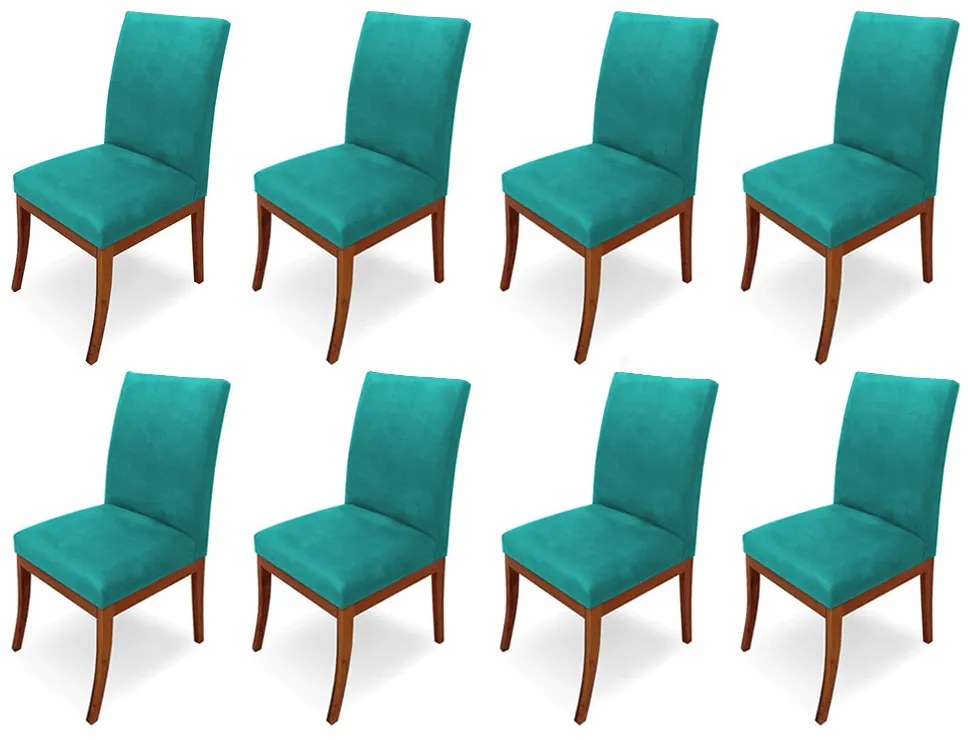 Conjunto 8 Cadeiras Raquel para Sala de Jantar Base de Eucalipto Suede Azul Tiffany