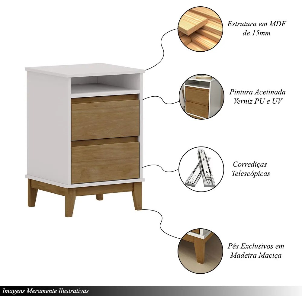 Mesa de Cabeceira 2 Gavetas MDF Cullen OffWhite/Freijó - G74 - Gran Belo