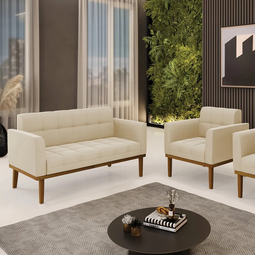 Namoradeira com Poltrona Base de Madeira Castanho Elisa Suede D03 - D'Rossi - Bege