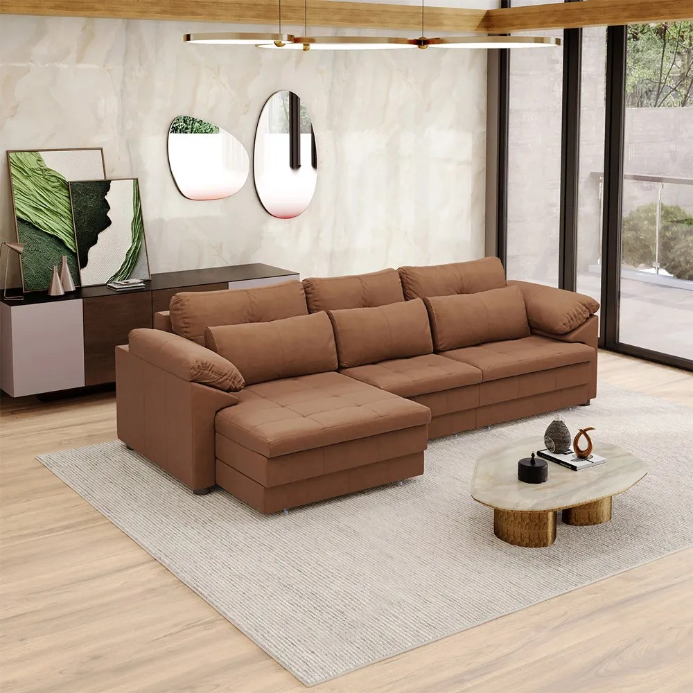 Sofá Retrátil Elétrico Sala de Estar Nolan Bipartido 297cm Conforto Premium em Couro Mel Manchado G58 - Gran Belo