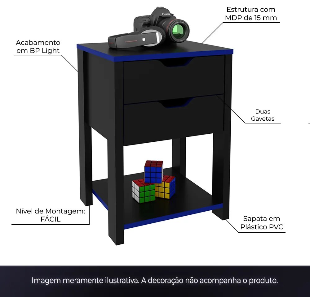 Conjunto Mesa Armário Estante e Gaveteiro para Escritório Home Office Gamer Cool MDP Preto/Azul G69 - Gran Belo