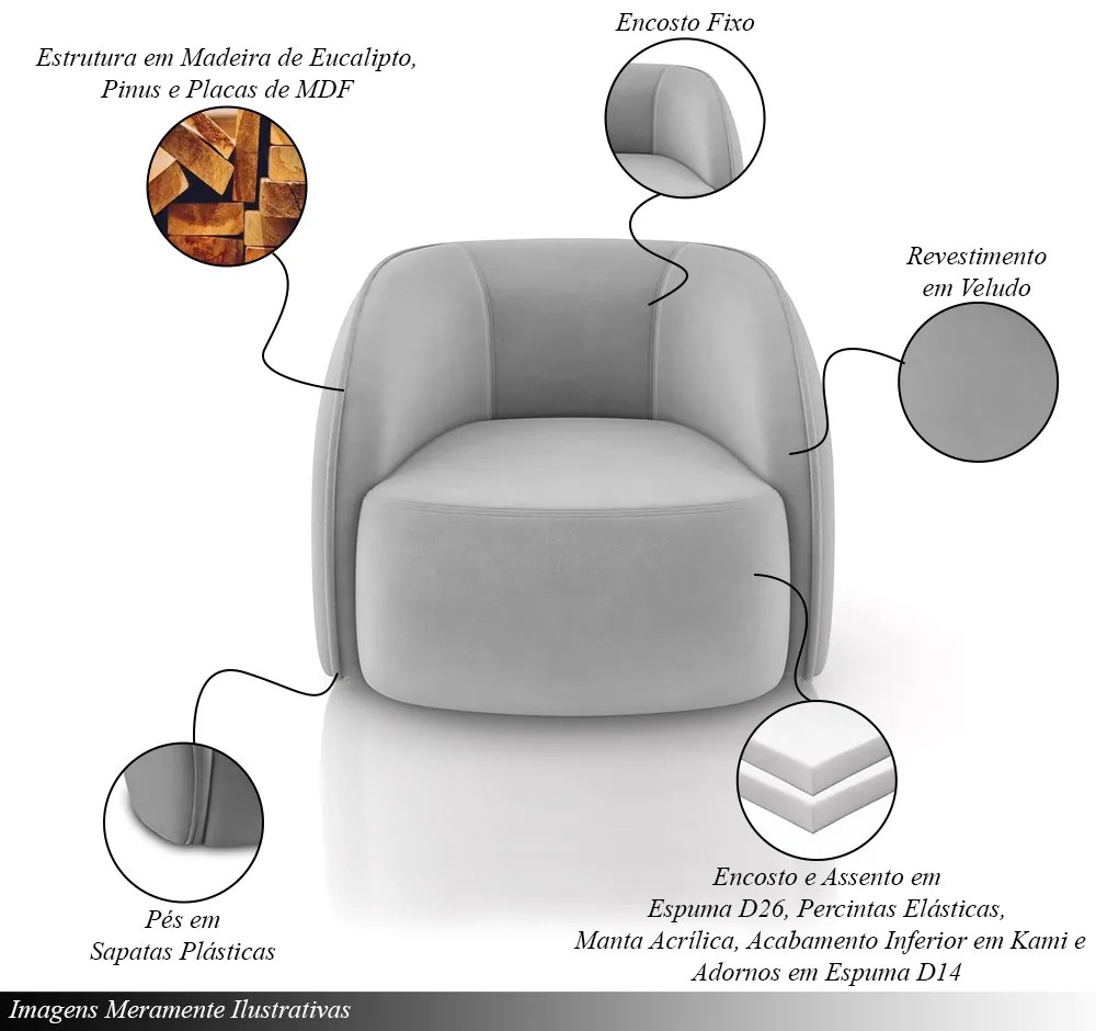 Poltrona Decorativa Sala de Estar Clarke Veludo Cinza G45 - Gran Belo