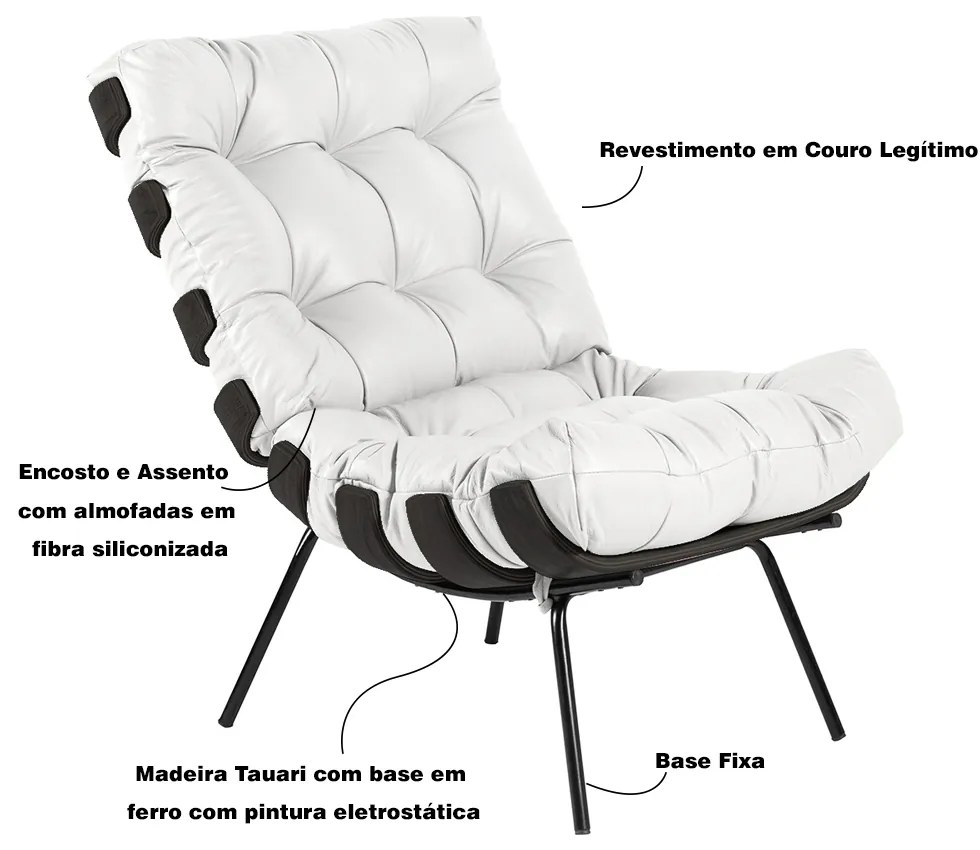 Poltrona Decorativa Sala de Estar Costela Base Preta Couro Branco G34 - Gran Belo