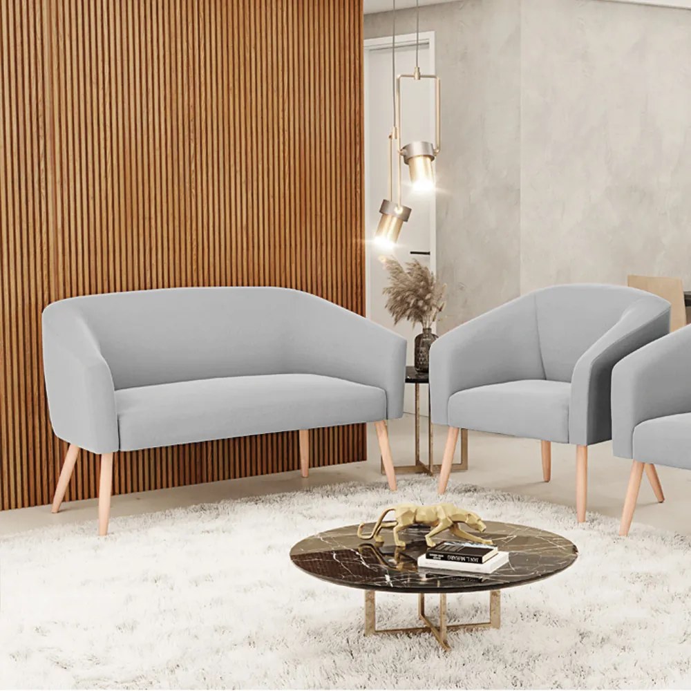 Sofá Namoradeira e Poltrona Pé Palito Natural Stella Suede Cinza D03 - D'Rossi
